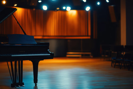 A grand piano stands ready for performance in an intimate concert hall with soft lighting and wood accents.の素材
