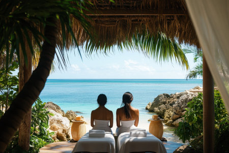 Two individuals enjoy a soothing spa experience with a breathtaking ocean view in a tropical setting.の写真素材