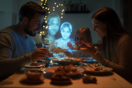 A family gathers around a table for dinner, enjoying food as a holographic girl entertains them.の写真素材