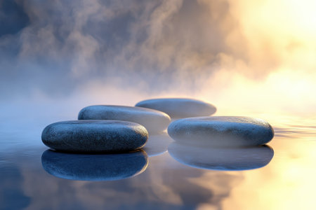 Smooth stones sit peacefully on a calm water surface, surrounded by a soft mist and warm light at dawn.の写真素材