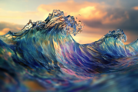 Waves rise and crash on the shore, reflecting vibrant colors as the sun sets in the background.の写真素材