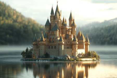 A stunning castle sits on an island, reflecting in calm waters with mountains in the background at sunrise.の写真素材