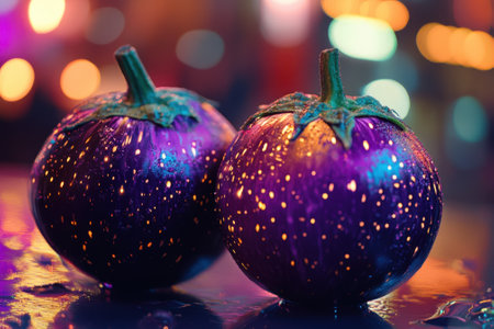 Two purple eggplants with water droplets rest on a surface illuminated by colorful bokeh lights behind them.の写真素材