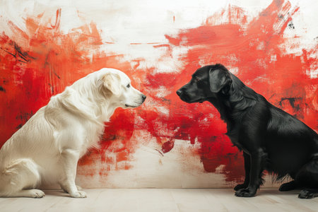 A white dog and a black dog sit opposite each other, creating a striking contrast against the colorful backdrop.の写真素材