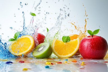 Vibrant fruits including oranges, apples, and kiwis create a lively splash in clear water.の写真素材