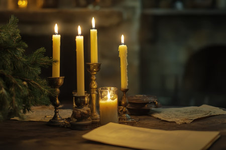 Warm candlelight flickers softly over a wooden table adorned with candles and old paper, creating a tranquil atmosphere.の写真素材