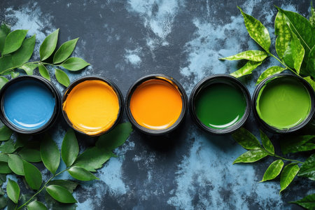 Vibrant jars of paint in blue, yellow, orange, and green sit among fresh green leaves on a textured background.の写真素材