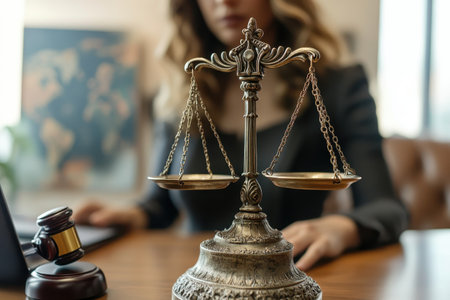A lawyer focuses on her work with a classic scale of justice prominently displayed in the office.の写真素材