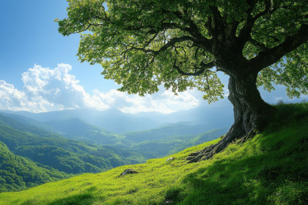 A majestic oak tree provides shade on a hillside with vibrant green grass and a stunning mountain view.の写真素材