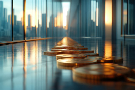 A row of golden coins is laid out on a shiny surface, reflecting the city skyline at sunset.の写真素材