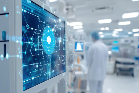 A healthcare professional examines digital health data on a screen in a well-equipped hospital setting.の写真素材