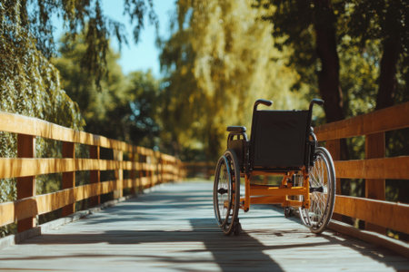 A wheelchair is parked on a wooden walkway surrounded by lush greenery and sunlight.の写真素材