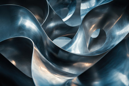 Curved metallic shapes intertwine in a captivating abstract design showcased in a modern gallery.の写真素材