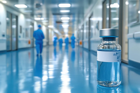A clear vial of vaccine stands in a clean hospital corridor, while medical staff walk in the background.の写真素材