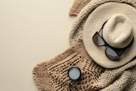A cozy blanket, wide-brimmed hat, and sunglasses are arranged for a summer day at the beach.の写真素材