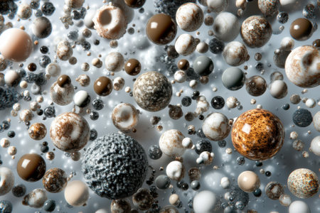 An abstract arrangement of numerous organic spheres and orbs in varying sizes and textures on a light surface.の写真素材