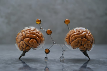 Two brain models surrounded by a stylized molecular structure showcase the link between neuroscience and chemistry.の写真素材