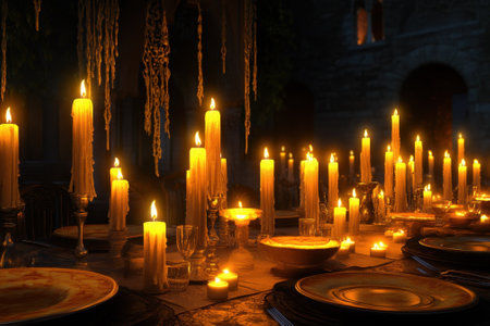 A long table adorned with plates and silverware surrounded by flickering candles creating a cozy atmosphere.の写真素材