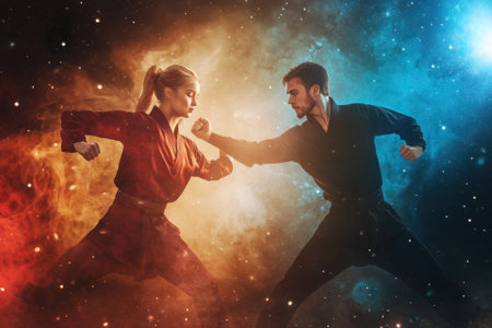 Two martial artists engage in a powerful duel, set against a vibrant cosmic background of swirling colors.の写真素材