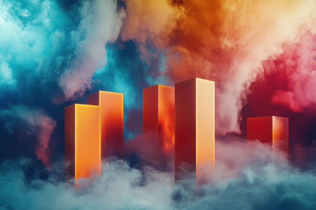 Geometric shapes in orange stand against a vivid backdrop of colorful clouds and mist at sunset.の写真素材