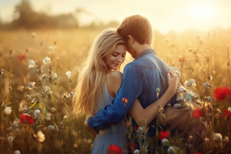 A couple shares a tender moment surrounded by colorful wildflowers as sunlight bathes the field.の写真素材