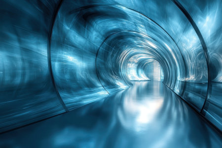 A mesmerizing blue tunnel glows with ethereal light, guiding towards a mysterious distant opening.の写真素材