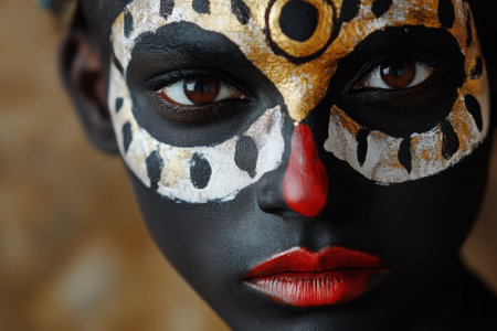 A person with intricate face paint showcasing cultural artistry during a celebration.の写真素材