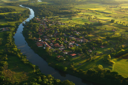 Aerial view captures a peaceful village beside a flowing river, surrounded by lush greenery in the late afternoon light.の写真素材