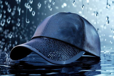 A sleek cap rests in shallow water as raindrops fall, highlighting its texture and design against a dark backdrop.の写真素材