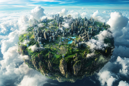A futuristic city crowns a green island, surrounded by clouds, blending nature and technology seamlessly.の写真素材