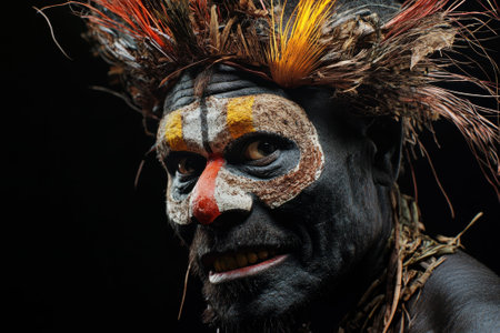 A person showcases intricate face paint and traditional attire during a cultural event in Papua New Guinea.の写真素材