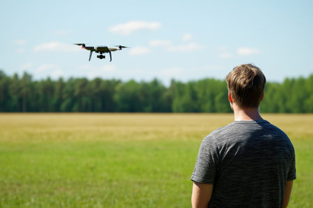 A man stands in a green field controlling a drone flying above him under a bright blue sky.の写真素材
