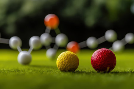 Two vibrant balls in yellow and red sit on lush green grass, while a molecular structure is blurred behind them.の写真素材