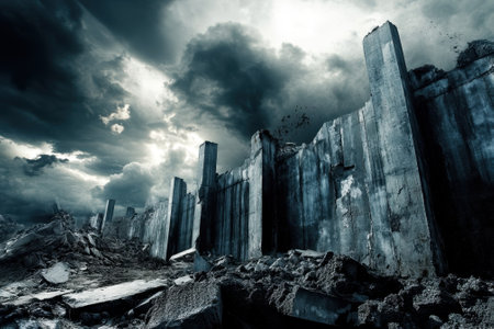 Dark clouds loom over crumbling concrete remnants, creating a hauntingly desolate atmosphere.の写真素材