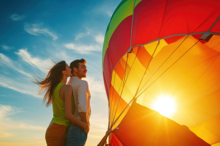 A couple embraces as the sun sets behind them, creating a vibrant backdrop with a colorful hot air balloon.の写真素材
