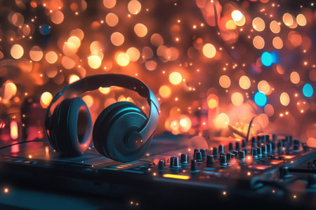 Headphones rest on a sound mixer surrounded by colorful lights, capturing the energetic vibe of a music gathering.の写真素材