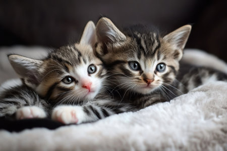 Two adorable striped kittens snuggle closely on a plush blanket, enjoying a warm moment together.の写真素材