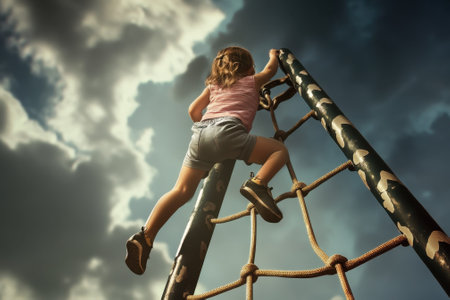 Young girl ascends a climbing structure in a playground, surrounded by cloudy skies in the afternoon.の写真素材