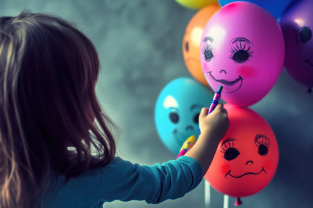 A young child joyfully decorates balloons with colorful faces using markers in a home setting.の写真素材