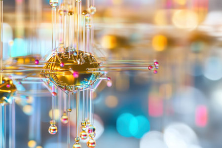 Intricate molecular design showcases vibrant colors and reflective elements in a dynamic background.の写真素材