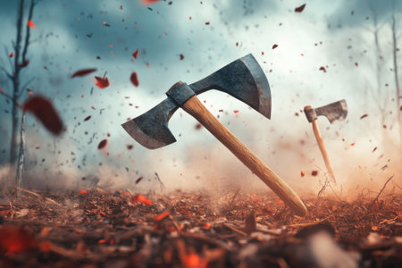 Two axes stand in the earth, surrounded by swirling leaves and a foggy atmosphere on a cool autumn day.の写真素材