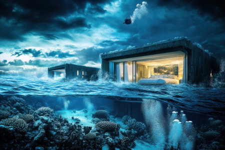 Stunning underwater hotel rooms showcase marine life as waves crash against the windows during a storm.の写真素材