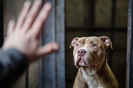 A brown and white dog curiously watches a human hand reaching out to greet it in a shelter.の写真素材