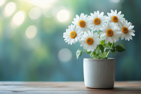 A pot of vibrant white daisies rests on a wooden table, surrounded by soft, blurred greenery in the background.の写真素材