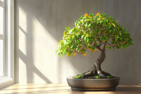 A vibrant bonsai tree with lush green leaves is placed by a window, enjoying warm sunlight in a cozy room.の写真素材