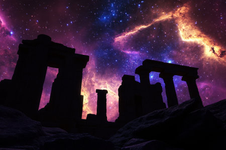 Ancient stone structures stand in silhouette against a stunning cosmic background filled with stars.の写真素材