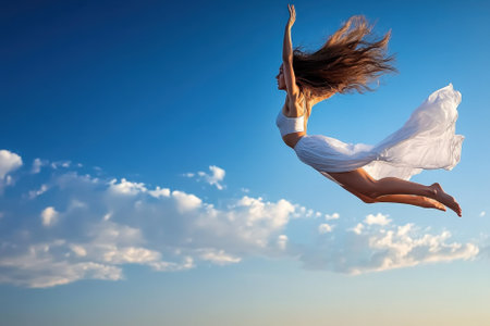 A woman with long hair leaps into the air in a white dress, expressing freedom and joy under a clear sky.の写真素材