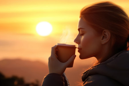 A woman enjoys a hot drink at sunrise, with mist rising from her cup and the sun brightening the sky.の写真素材