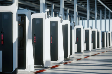Several charging stations are arranged in a modern, spacious area with bright lighting and a sleek design.の写真素材