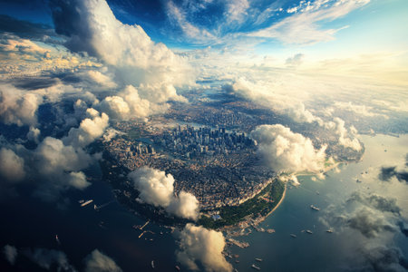 A breathtaking view captures a bustling city hugging the coastline, with vibrant clouds and water below.の写真素材